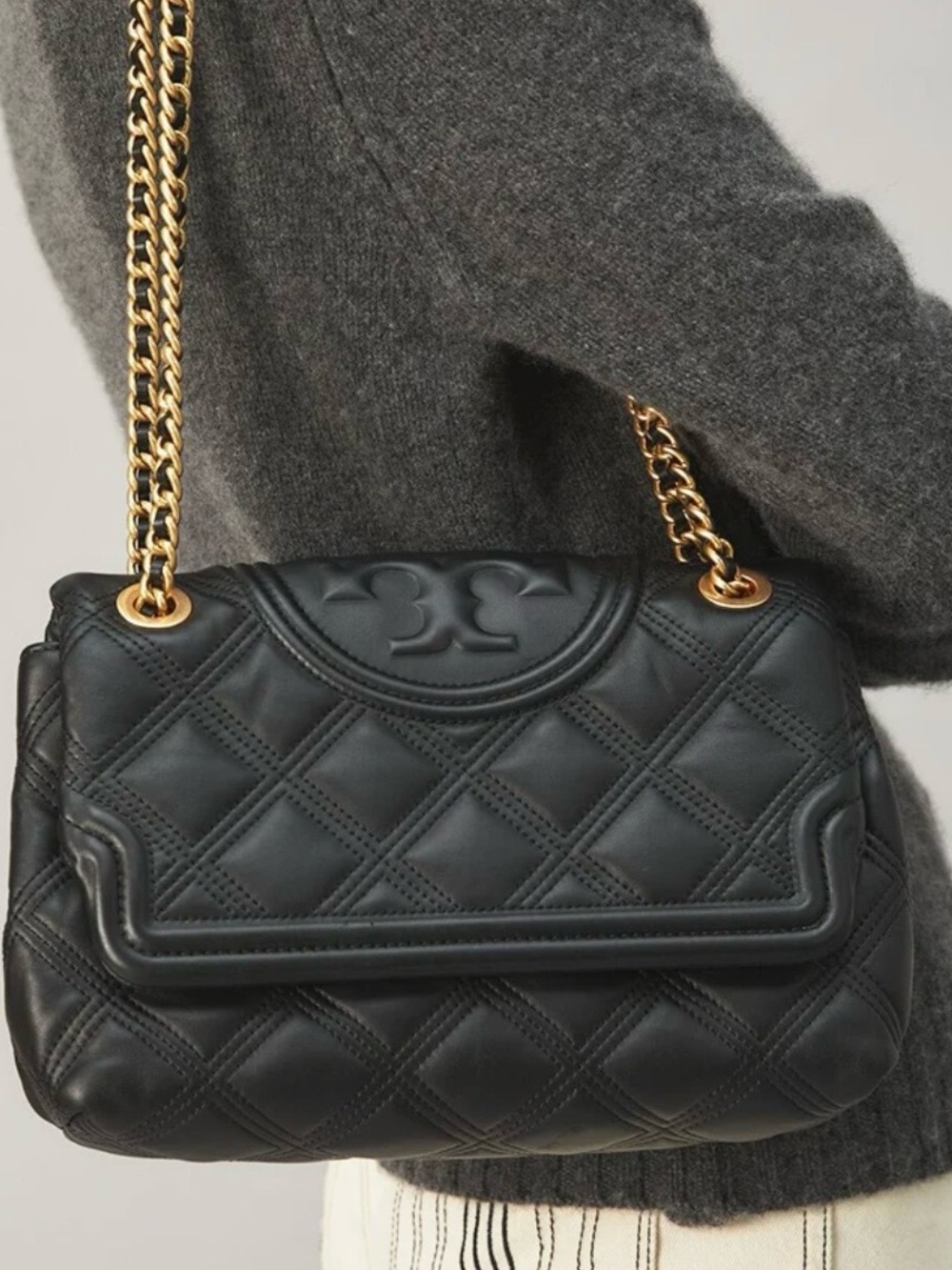 Tory Burch Black Quilted Leather Shoulder Bag with Gold Chain